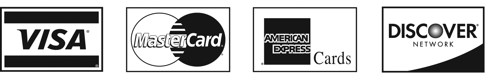 We accept the following forms of payment: Visa, MasterCard, Discover, and American Express.